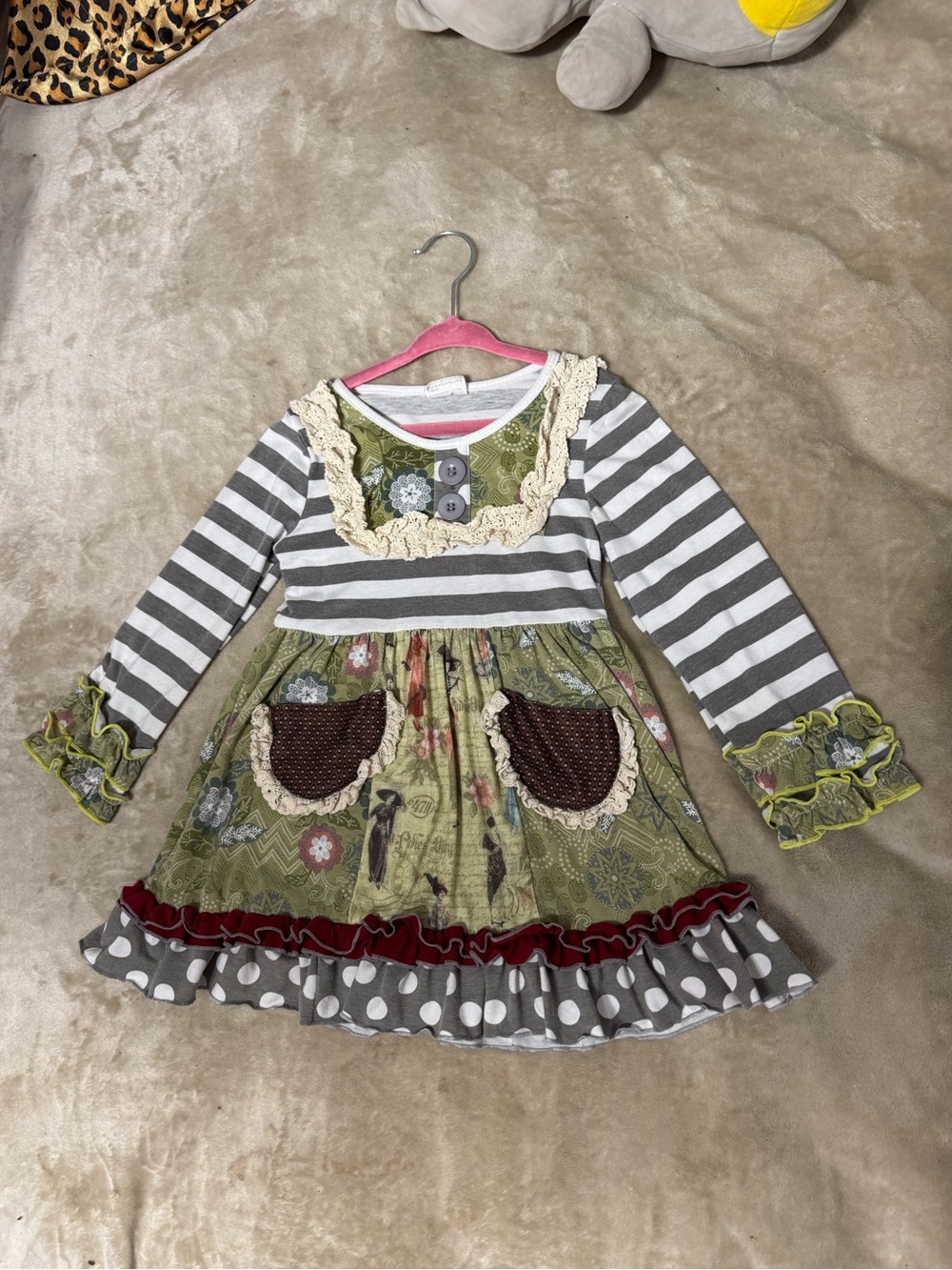 Girls Green Patchwork Ruffle Casual Dress - Long Sleeve